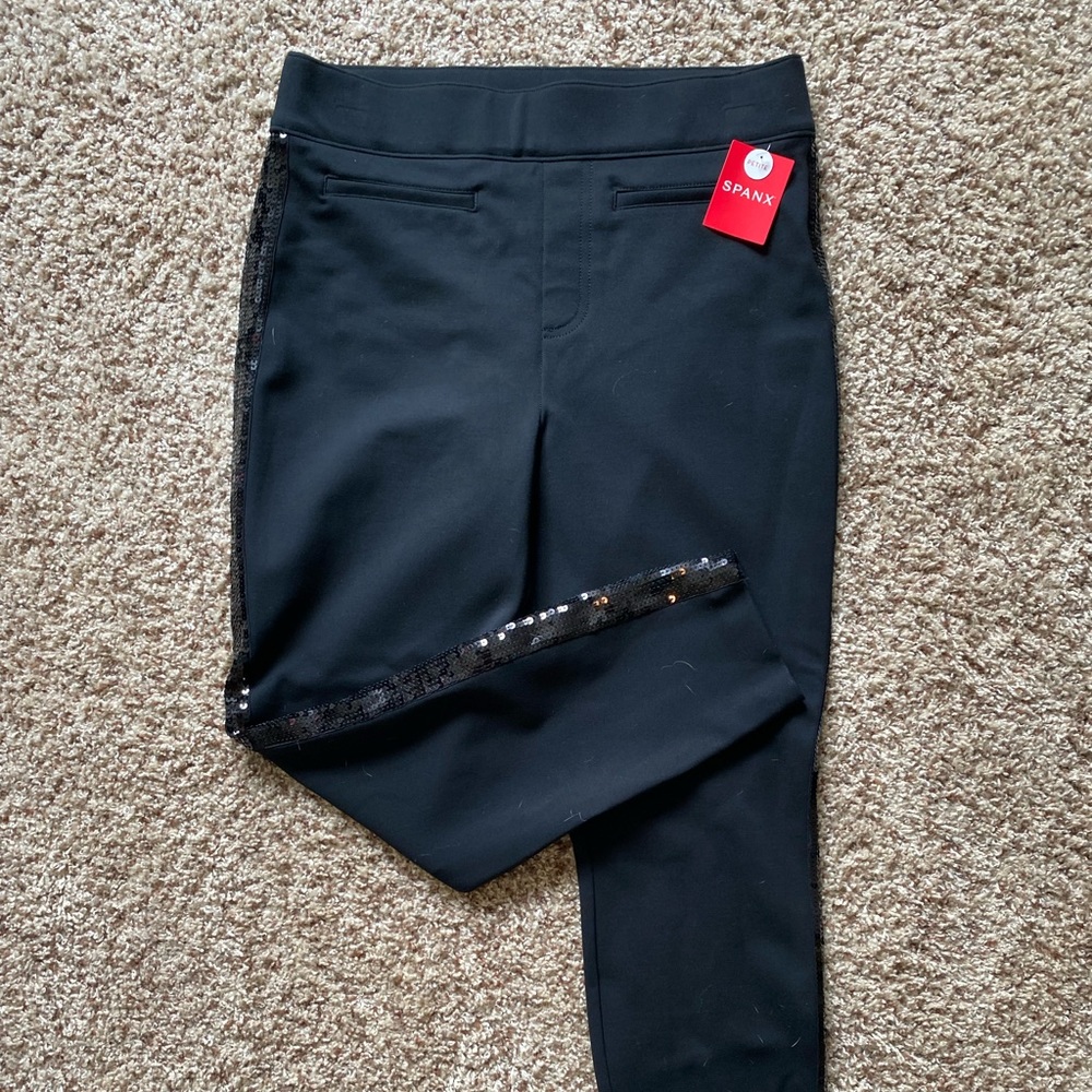 Spanx NWT Black Leggings with Sequin stripe